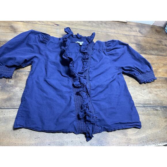 Anthropologie Love The Label Zuri Top Womens Small Blouse Ruffle Smocked Blue - Picture 8 of 14